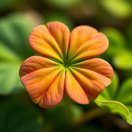 Generate a high-resolution image of a vibrant four-leaf clover with a glossy finish, using a macro lens at f/2.8, ISO 100, 1/200 sec, natural light, shot from a low angle to enhance detail and depth.