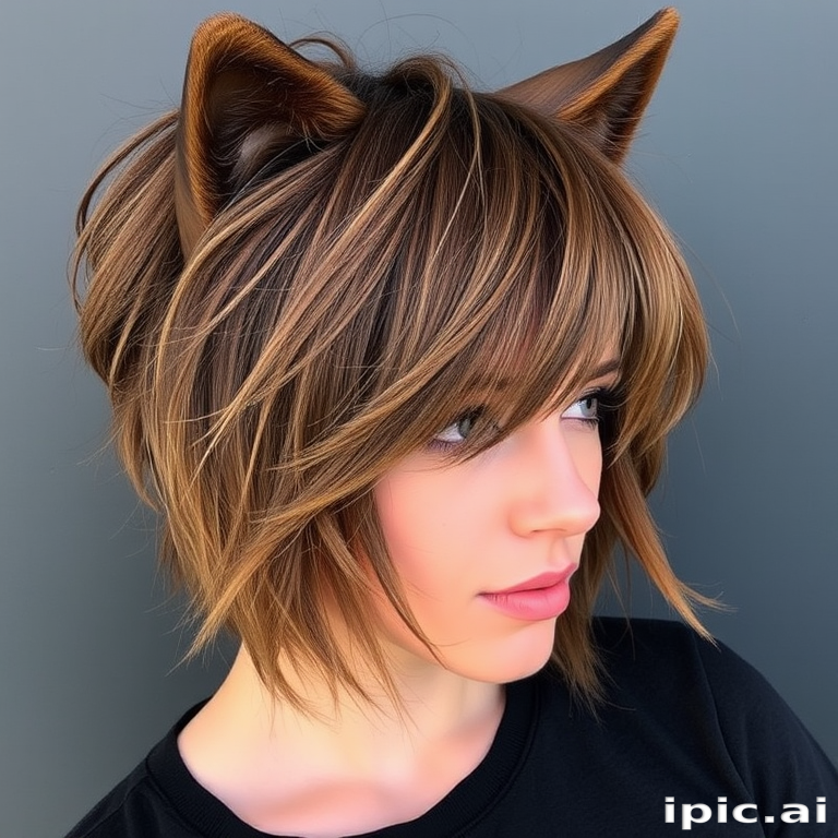 Trendy wolf cut in warm caramel brown, featuring textured layers and curtain bangs, creating a perfect balance of edgy and effortlessly chic