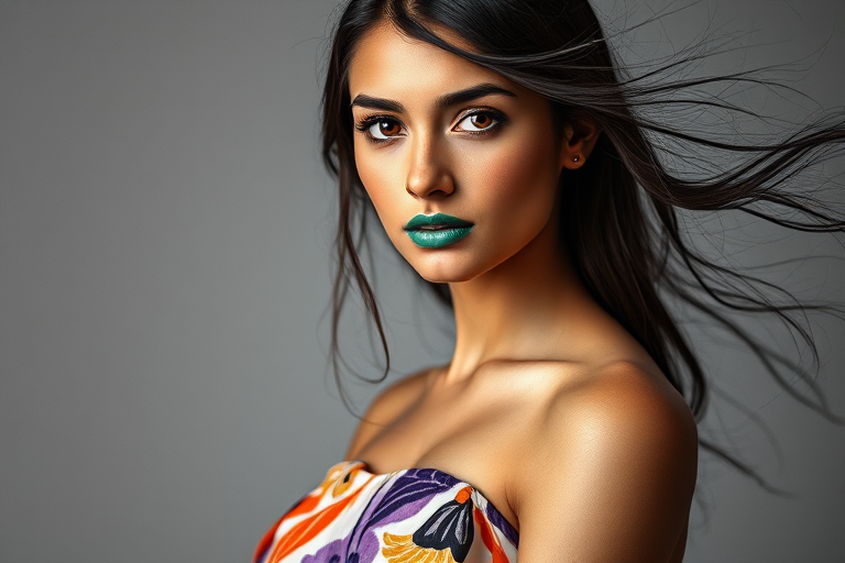 Photographic image of a beautiful young Aztec woman, orange eyes, lips with green lipstick, long hair fluttering in the wind and wearing a silk strapless dress with a soft purple and orange print. monochrome image with only color highlights in the iris of the eyes, lipstick and dress. Gray background.