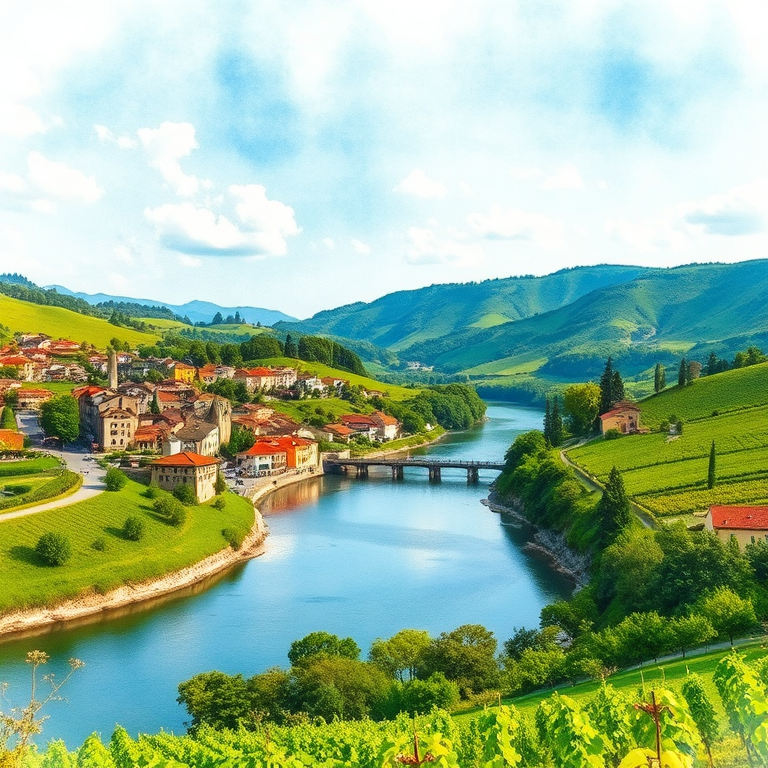 Create a vibrant watercolor landscape illustration of a scenic village by a river, surrounded by lush green hills and vineyards, capturing a clear sky with soft clouds, using a Canon EOS 5D Mark IV with a 24-70mm f/2.8 lens at f/8, ISO 100, and a wide-angle view for enhanced depth and detail.