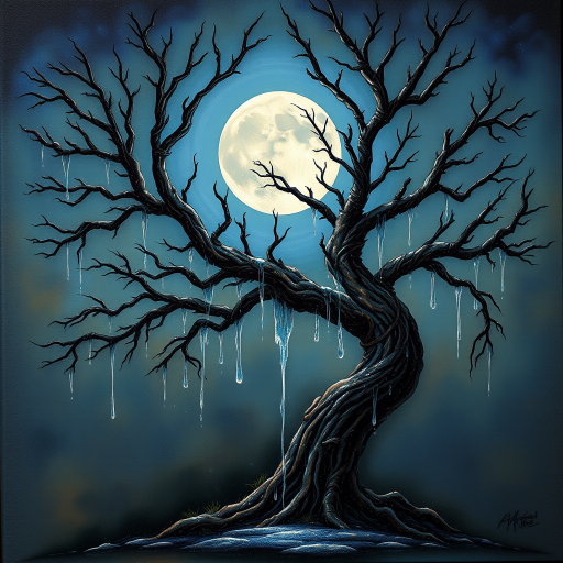 painting of a tree with a full moon in the background and water dripping from its branches, fantasy art, alcohol ink, 3D, 4K, HDRi