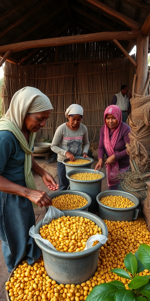 Regenerate a rural scene of five people engaged in coffee processing in a village setting, captured with a Canon EOS R6, ISO 200, f/4, 1/200 sec, natural light, warm tones, wide-angle lens, soft focus on the background to enhance the subjects in the foreground.