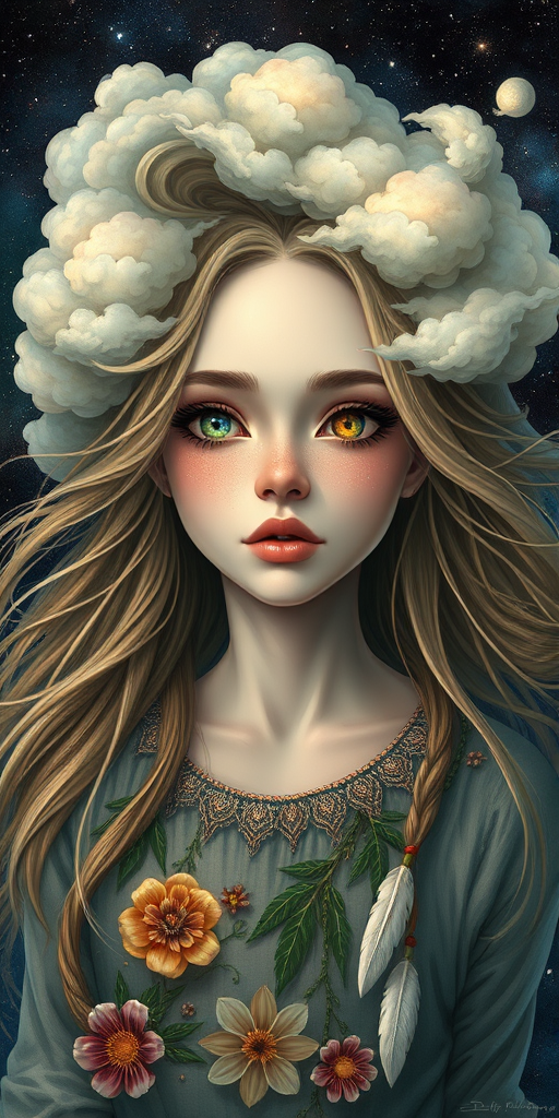 Create a series of imaginative portraits where each subject is infused with elements of fantasy and nature. The hair of the individuals should flow like clouds, varying from soft, fluffy cumulus to wispy cirrus strands, with hints of color reflecting a sunset or a clear blue sky. The eyes should be windows to entire galaxies, with stars, nebulae, and distant planets visible within them. Clothing should be adorned with nature motifs, such as floral patterns that bloom and change, vines that seem to grow and wrap around, or feathers that shimmer with iridescence. Each portrait should capture a unique personality, blending human features with the ethereal beauty of the natural and cosmic world. The backgrounds can vary, from starry night skies to enchanted forests, adding depth and context to the magical realism of the portraits