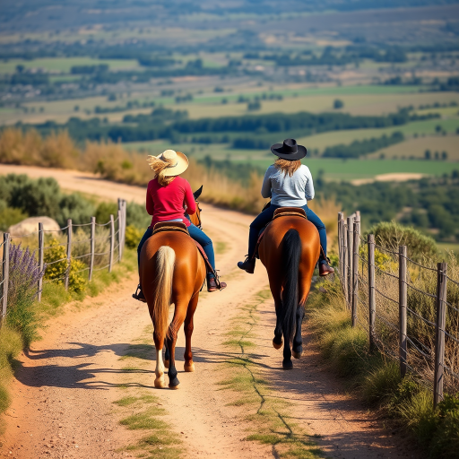 Generate an image of two riders on horseback, side by side, traveling down a winding dirt path with a scenic landscape in the background, captured with a DSLR camera at f/2.8, ISO 200, 50mm lens, natural light, vibrant colors, shallow depth of field.