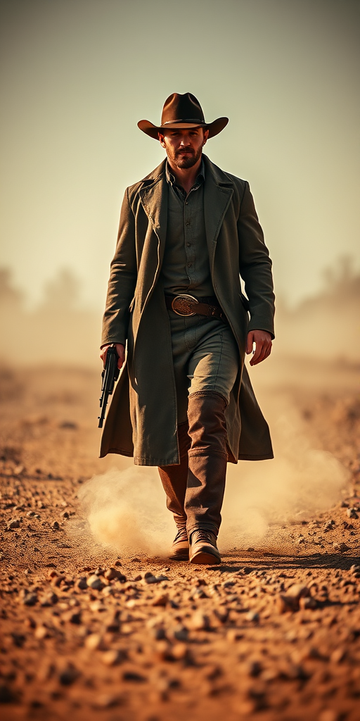Create an image of a western gunslinger walking confidently in a dusty landscape, wearing a long coat, cowboy hat, and rugged boots, with dynamic lighting, shallow depth of field, using a DSLR camera with an aperture of f/2.8, ISO 100, 50mm lens, capturing a cinematic style from a low angle perspective.