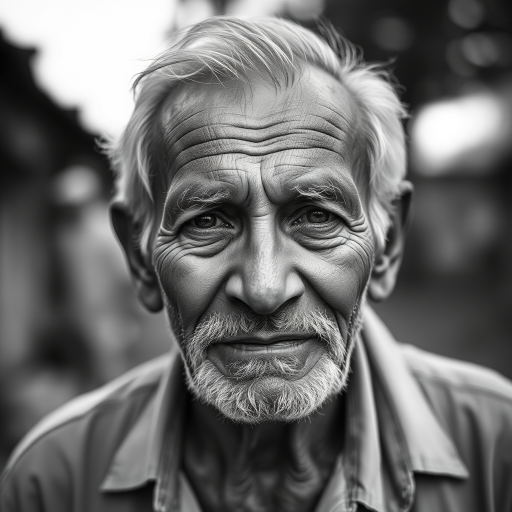 portrait of an elderly man with a weathered face and a gentle expression, captured in black and white with a shallow depth of field, using a 50mm lens at f/1.8, ISO 200, natural light, taken with a DSLR camera, centered composition with soft bokeh background