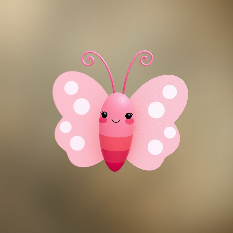 Create a cute, minimalistic illustration of a pink butterfly with polka dots, smiling face, and curly antennae, captured in a soft focus with a DSLR camera, using a 50mm lens at f/2.8 aperture, ISO 100, natural lighting, and a 1/200 shutter speed for enhanced clarity and detail.