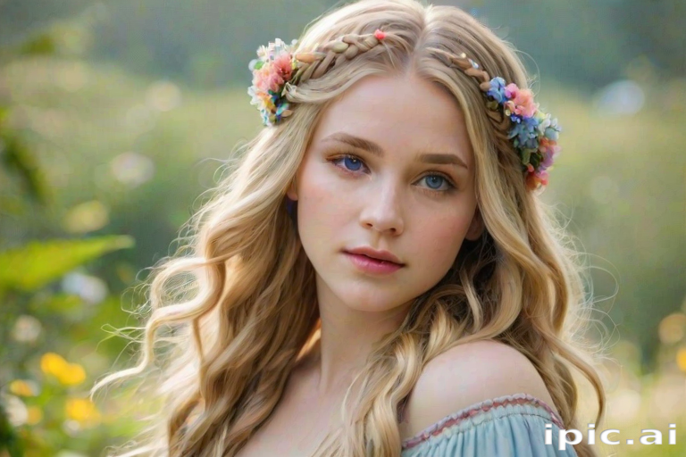 Create an image of a young woman with long, wavy blonde hair, adorned with small, colorful flowers woven into her braids and loose strands. Her complexion is fair, with soft, glowing skin, and she has light blue eyes that gaze softly at the viewer. She wears a light, flowing dress with a gentle, ethereal quality, complementing her delicate and serene appearance. The background is slightly blurred, drawing focus to her tranquil expression and the intricate details of the flowers in her hair. The overall mood of the image is one of natural beauty and grace, evoking a sense of peacefulness and connection with nature.