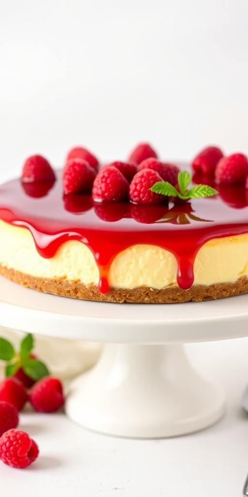 A delicious cheesecake topped with a glossy raspberry sauce and fresh raspberries, sitting on a white cake stand against a light background.