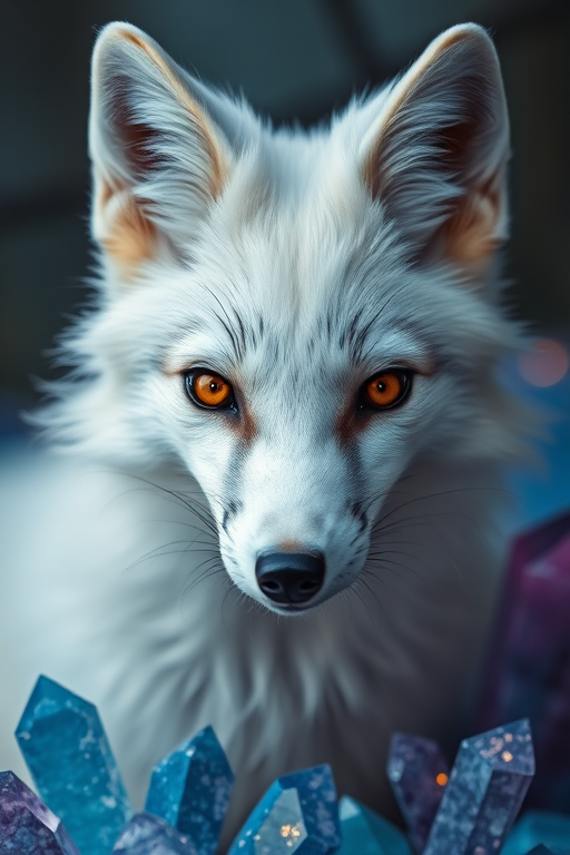 Regenerate a close-up portrait of a mystical white fox with captivating golden eyes, surrounded by ethereal blue and purple crystals, shot with a DSLR camera at f/1.8 aperture, ISO 100, and 50mm lens for sharp focus and a dreamy background blur.