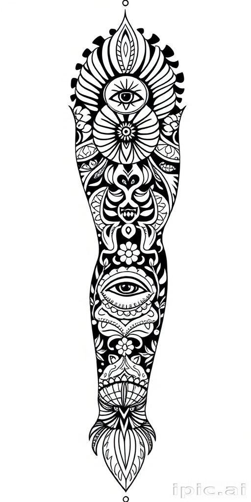 Tribal-inspired blackwork tattoo featuring intricate Polynesian-style patterns and symbols, woven together to form a cohesive full-sleeve design with bold negative space
