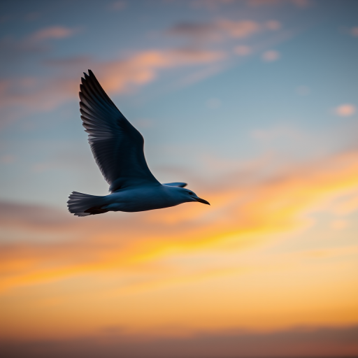 a seagull in flight against a colorful sunset sky, captured with a Canon EOS 5D Mark IV, aperture f/8, shutter speed 1/2000s, ISO 400, 50mm lens, wide-angle view, high dynamic range, natural lighting