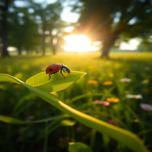 Softly focused close-up of a ladybug crawling on a vibrant green leaf, soft sunlight filtering through the trees, with distant wildflowers and a peaceful meadow blending into the background.