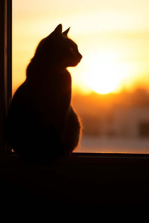 Generate a high-quality silhouette of a cat sitting on a windowsill at sunset, captured with a Canon EOS R5, 85mm lens, f/1.8 aperture, ISO 100, 1/200 sec shutter speed, in a warm color tone for enhanced contrast and detail.