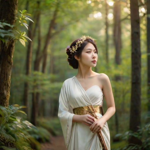 Create a portrait of a goddess-like Japanese girl figure in a tranquil, forested environment. She has an elegant appearance with long, wavy hair styled in an updo and adorned with a delicate, floral headband. She wears a flowing, ancient Greek-inspired gown in a soft, pale color, featuring a one-shoulder design and draped fabric that accentuates her graceful form. The outfit includes a decorative belt with ornate gold detailing, and she holds a bow in her hand, with a quiver of arrows slung over her shoulder. The background depicts lush greenery, with sunlight filtering through the trees, casting a gentle, ethereal light on the scene. Her expression is calm and contemplative, embodying a sense of wisdom and serenity.