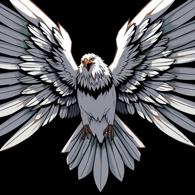 high-resolution illustration of a stylized bird with spread wings, intricate feather details, black and white color scheme, dramatic lighting, shot with a DSLR camera at f/2.8, 50mm lens, ISO 100, low angle view to emphasize wingspan, sharp focus on feather texture
