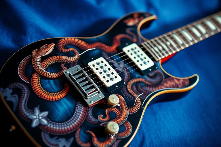 regenerate an electric guitar with intricate snake and skull designs on a blue background, using a 50mm lens, f/2.8 aperture, 1/125 sec shutter speed, ISO 100, shot from a slightly elevated angle, in vibrant colors, using a DSLR camera with a shallow depth of field for enhanced focus on the guitar