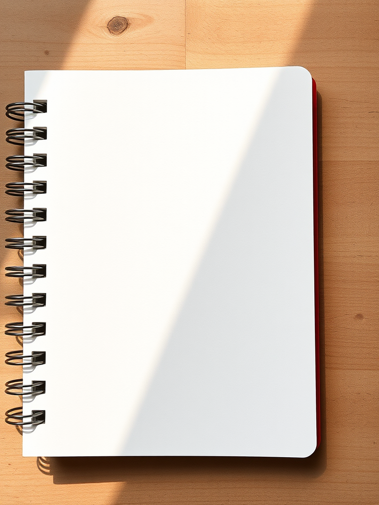 Create a high-resolution image of a blank, textured notebook page with a natural light source, using a DSLR camera with a 50mm lens, f/1.8 aperture, ISO 100, and a slightly angled overhead view for depth.