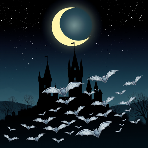 Create a high-resolution digital illustration of a haunted castle silhouette under a bright crescent moon and a starry night sky, with a flock of silver bats flying in the foreground, using a wide-angle lens (24mm) at f/8 aperture, ISO 100, with soft lighting to enhance the colors and details in a vector style.