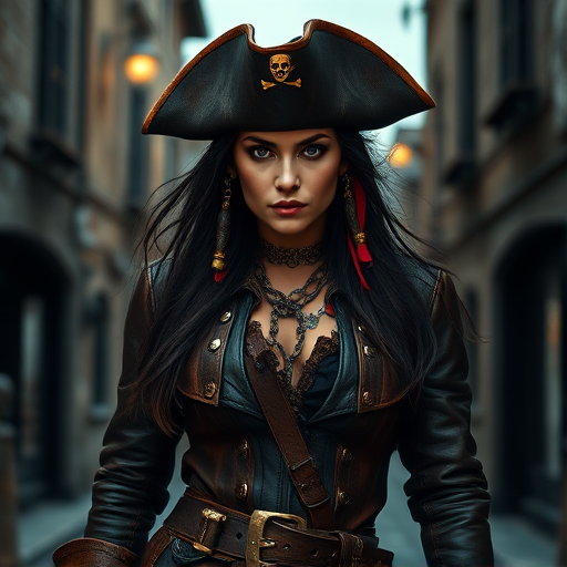 Create a portrait of a fierce female pirate. She wears a leather tricorn hat adorned with a skull and crossbones emblem, and her long, dark hair flows around her face. Her outfit consists of a richly detailed leather jacket, a corset, and multiple layers of belts and accessories, giving her a formidable and stylish appearance. She stands confidently in a dimly lit, historic port town, with a backdrop of weathered buildings and cobblestone streets, capturing the adventurous spirit of a pirate.