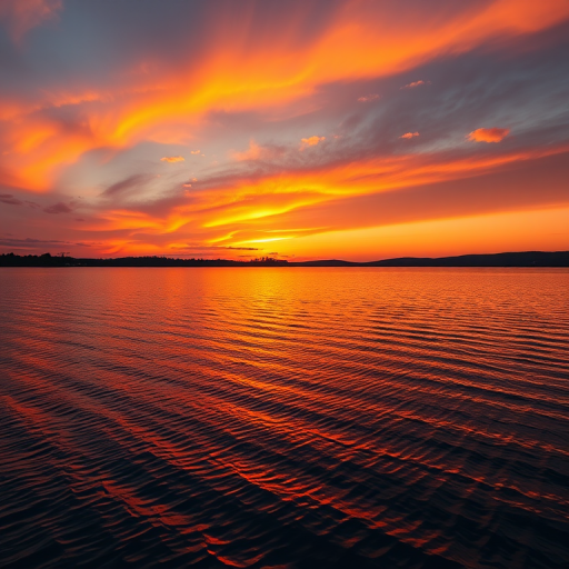Generate a high-resolution image of a sunset over a serene lake, with vibrant colors reflecting on the water, using a DSLR camera with a 50mm f/1.8 lens, aperture set to f/11, ISO 100, 1/200 sec shutter speed, and a landscape orientation.