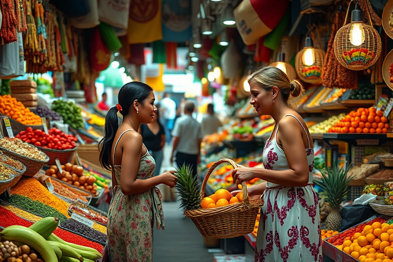 Bustling food market in a foreign city, vibrant spices and fresh produce piled high, a woman in a sundress haggles with a vendor over a basket of tropical fruit.
