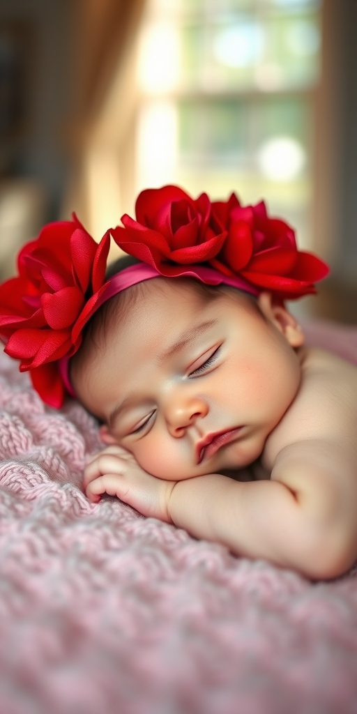 newborn baby girl sleeping with a large red flower headband on a soft pink blanket, shot with a Canon EOS R5, 50mm f/1.2 lens, aperture f/1.2, ISO 100, soft natural light from a window, shallow depth of field for dreamy background blur