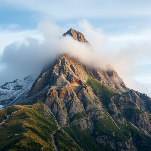 Generate a high-resolution image of a mountain landscape with a rocky ridge, partially shrouded in mist, using a DSLR camera with a 24mm lens, aperture f/8, ISO 100, and a shutter speed of 1/250s, in a wide-angle view to capture the depth and detail of the scene.