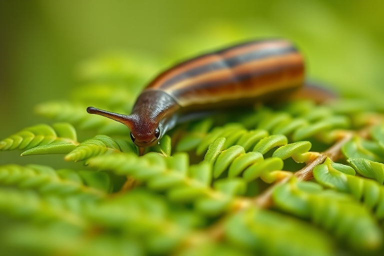 macro shot of a slug on green fern leaves with shallow depth of field, f/2.8 aperture, 100mm macro lens, ISO 200, natural light, soft focus background