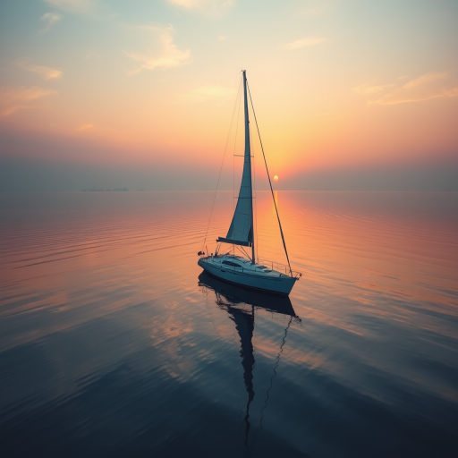 sailboat on calm water at sunrise, soft pastel colors in the sky, reflectiveness of water, ISO 100, f/8, 1/250 sec, 50mm lens, wide-angle view, DSLR camera, high resolution