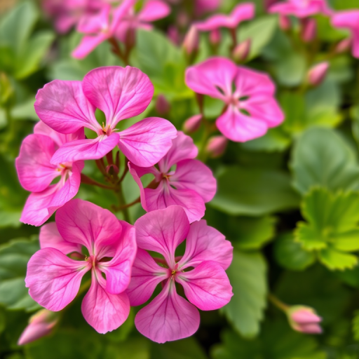 Create a vibrant close-up image of pink geranium flowers surrounded by lush green leaves, captured with a DSLR camera at f/2.8 aperture, 50mm lens, natural lighting, and soft focus for a delicate, detailed aesthetic.
