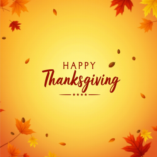 Create a warm and festive autumn-themed image with a gradient background of orange and yellow hues. Include a variety of falling leaves in shades of red, orange, and brown. In the center, display the text "Happy Thanksgiving" in a stylish and inviting font, using a dark brown color for contrast. Add subtle decorative elements like pine cones and additional leaves for a cozy, seasonal feel.
