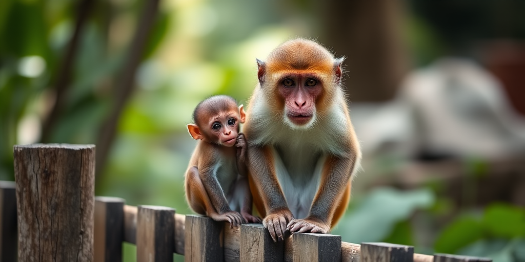 Capture a close-up shot of a mother and baby monkey sitting on a wooden fence in a natural setting, using a Canon EOS R5 with an 85mm f/1.2 lens, aperture set to f/2.8 for a shallow depth of field, ISO 200 for optimal image quality, and a shutter speed of 1/500 seconds to freeze motion with soft bokeh in the background.