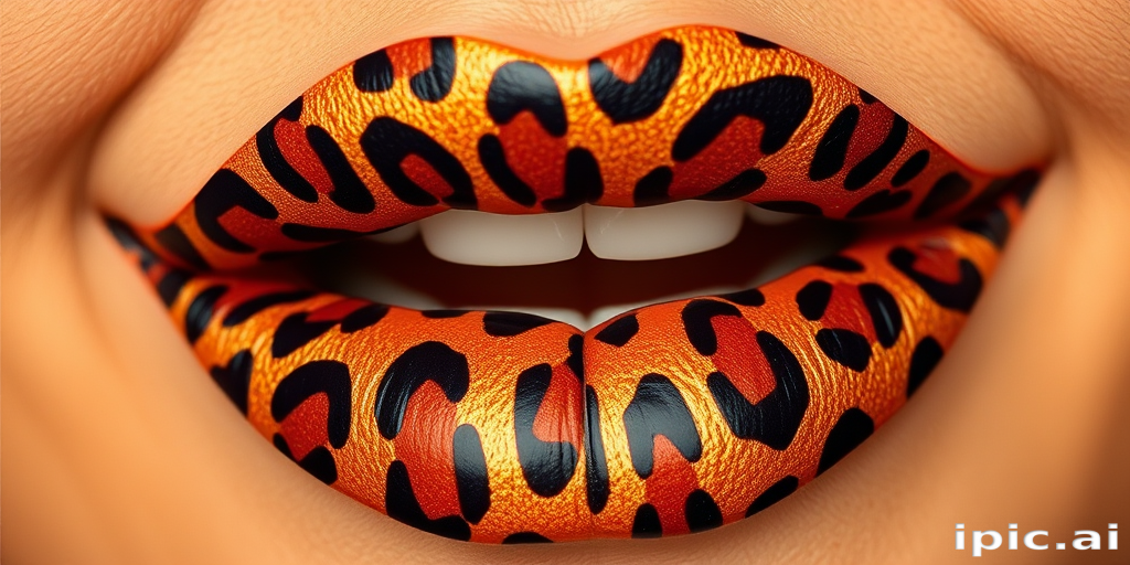 Fierce leopard print lips feature a bold animal pattern in warm golden and chocolate tones, making a statement with their unique and daring design