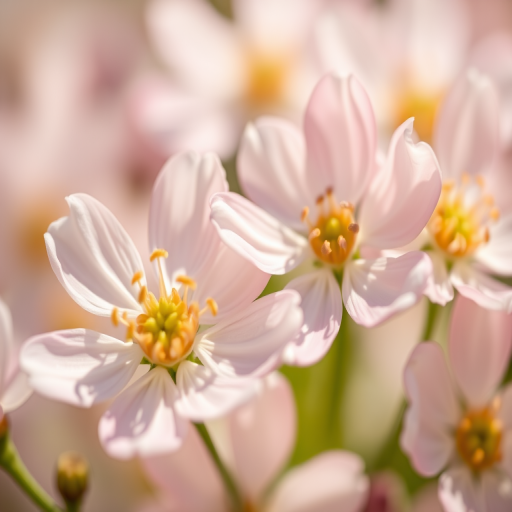 macro shot of delicate flowers with soft lighting and a shallow depth of field, focus on petals and details, ISO 100, f/2.8, 50mm lens, taken with a DSLR camera, natural light, 1/125s shutter speed.