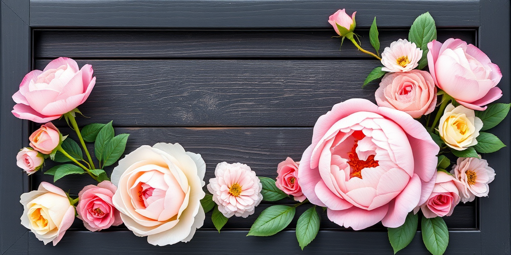 Create a vibrant floral border with watercolor roses and peonies in soft pastel colors, set against a black wooden frame, captured in high resolution with a Canon EOS 5D Mark IV, 50mm lens, f/1.8 aperture, and natural lighting for enhanced depth and contrast.
