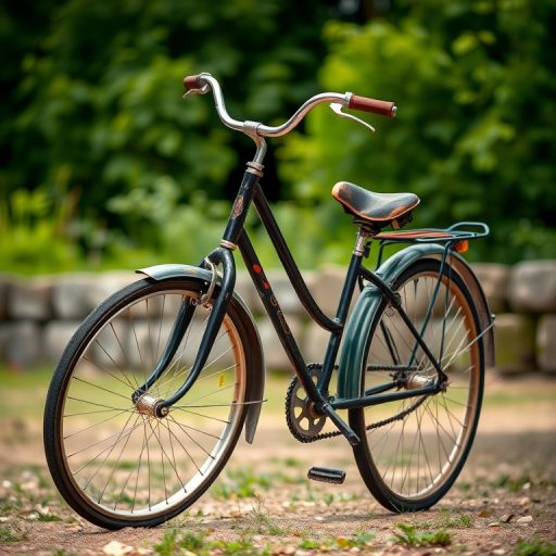 Capture a vintage bicycle in an outdoor setting with lush greenery in the background, use a 50mm lens, aperture f/2.8 for a shallow depth of field, ISO 200, shutter speed 1/250s, and a DSLR camera for enhanced image quality and detail.