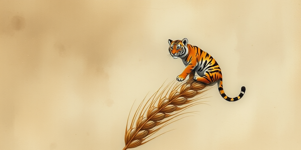 Soft, muted Alcohol Ink with ebru effect background image of tiny whimsical tiger, who climbed high on the top of a golden rye ear.