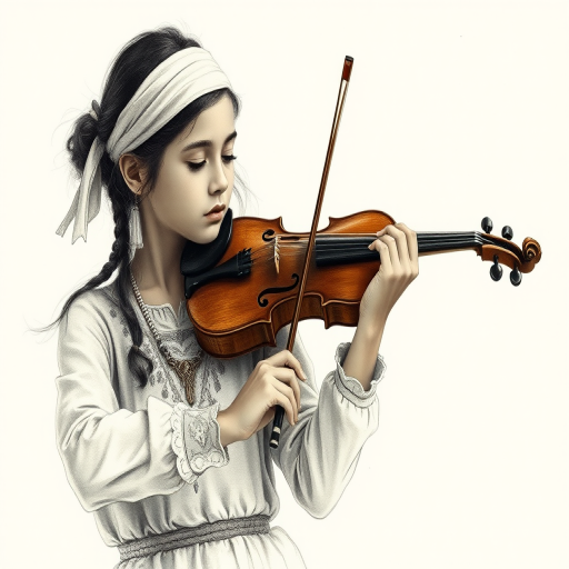 a young M'tis woman with a white headband playing a violin, in the style of a charcoal drawing, sepia grunge background