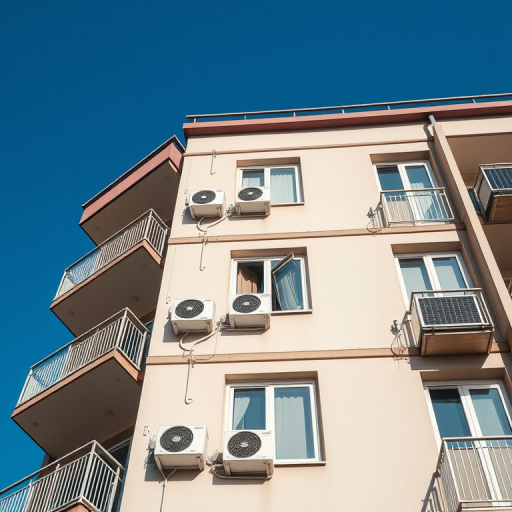 capture an image of a modern residential apartment building featuring air conditioning units with a clear blue sky background, use a Canon EOS R5 camera setting ISO 100, f/8 aperture, 1/200 shutter speed, wide angle view, daylight balanced lighting to enhance details and colors