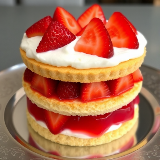 A delicious layered dessert with a soft sponge base topped with a creamy layer of whipped cream and fresh sliced strawberries, featuring a vibrant red jelly layer beneath, displayed on a decorative silver plate.