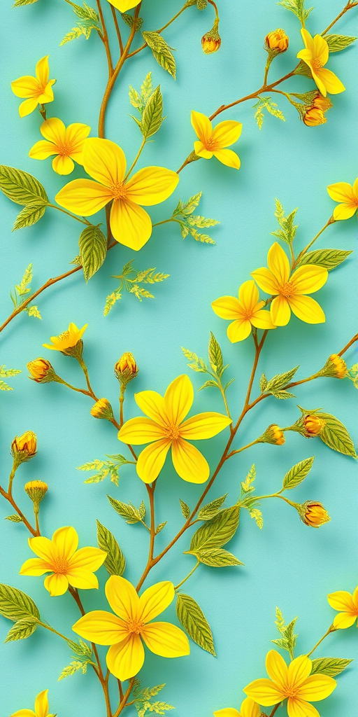 Create a vibrant floral pattern featuring yellow flowers and delicate green leaves against a soft blue background, photographed with a DSLR camera at f/8 aperture, 50mm lens, ISO 200, in bright natural light for enhanced color saturation and detail.