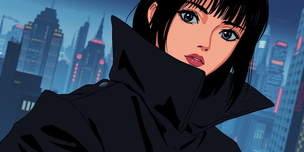 Retro 90s Anime style illustration drawing of a closeup on face of woman wearing a long black trench-coat futuristic city in the background in the style of the 90s anime Akira