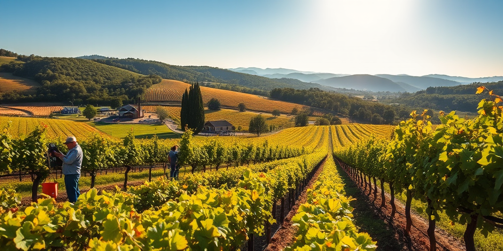 Scenic vineyard during the harvest season, with workers picking grapes under the warm sun, rows of vines stretching into the distance, and a picturesque farmhouse nestled among the hills.