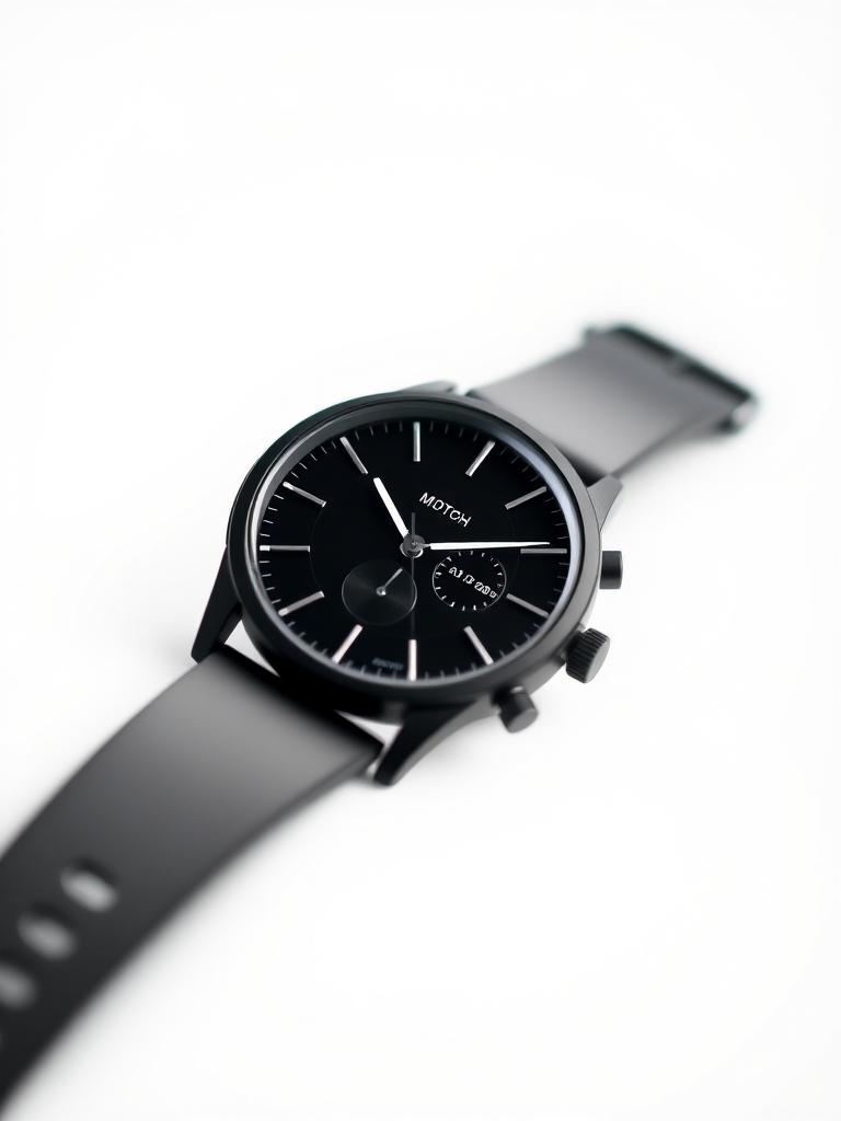 high-resolution close-up of a sleek black watch with a minimalist design, shallow depth of field, ISO 100, aperture f/2.8, 50mm lens, soft diffused lighting, white background, studio photography