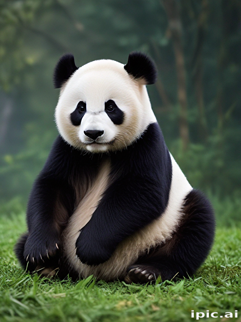 A Playful Panda Sitting Gracefully in a Lush Green Environment.