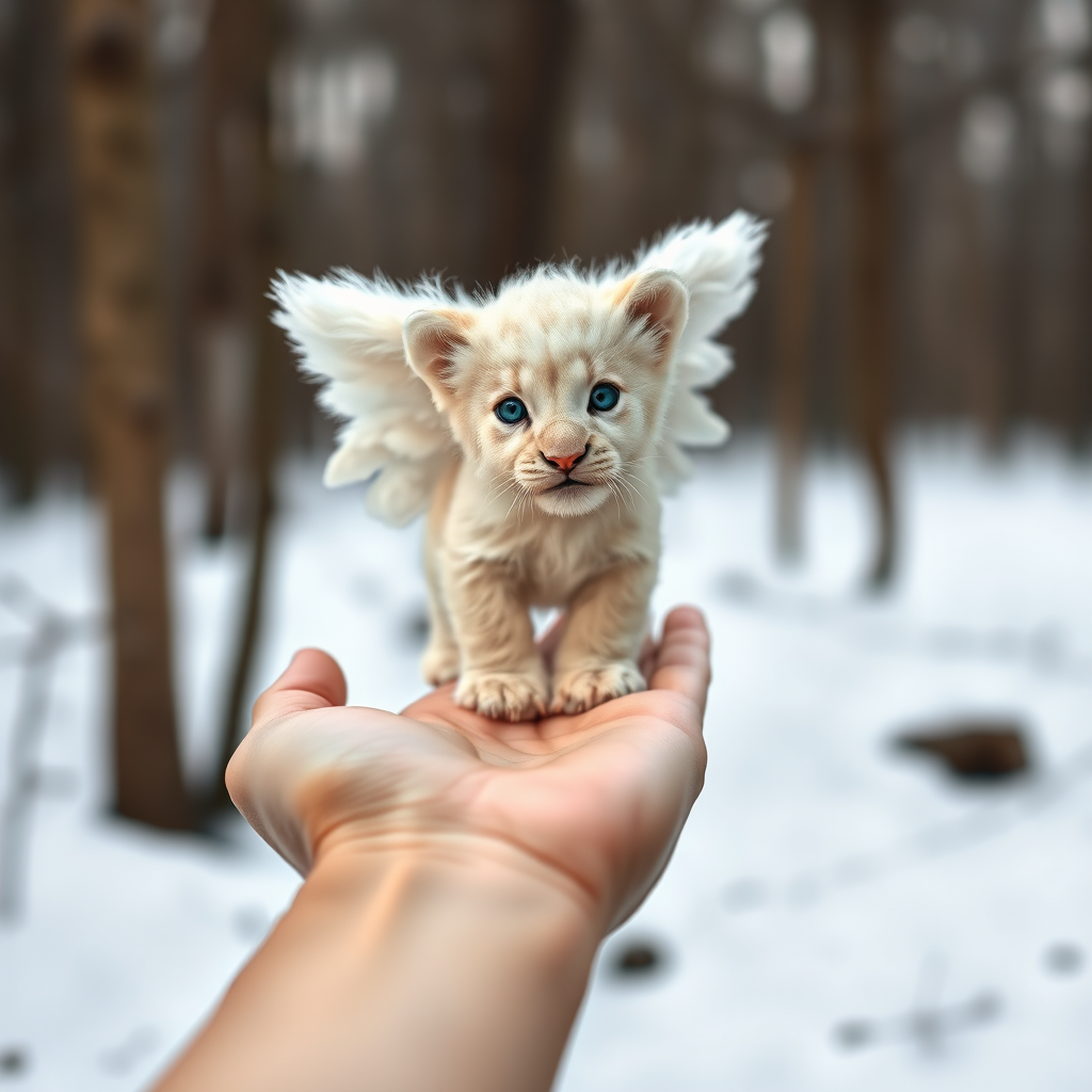 A small, white lion cub with angelic wings standing on a human hand. The cub has a soft, fluffy texture with detailed fur, expressive blue eyes, and a curious expression. The wings are large and feathery, blending seamlessly with its fur, giving an ethereal appearance. The background is a winter forest, with the ground covered in snow and blurred brown trees, creating a serene atmosphere. The human hand in the foreground is positioned palm-up, supporting the lion cub gently, fingers slightly curled. The lighting is soft and diffused, enhancing the tender and magical feel of the scene. Colors are predominantly neutral with white, cream, and soft browns, contrasting with the subtle blue of the lion cub's eyes. The overall composition is balanced, with the cub at the center, creating a focal point that draws the viewer's attention immediately.