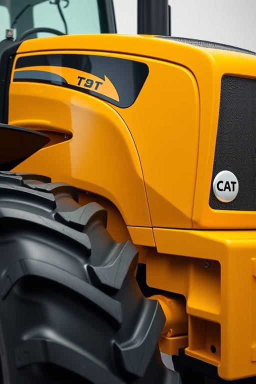 High-resolution image of a modern yellow tractor, side view, shallow depth of field, ISO 100, f/2.8, 1/200s, with studio lighting and soft shadows, captured with a DSLR camera.