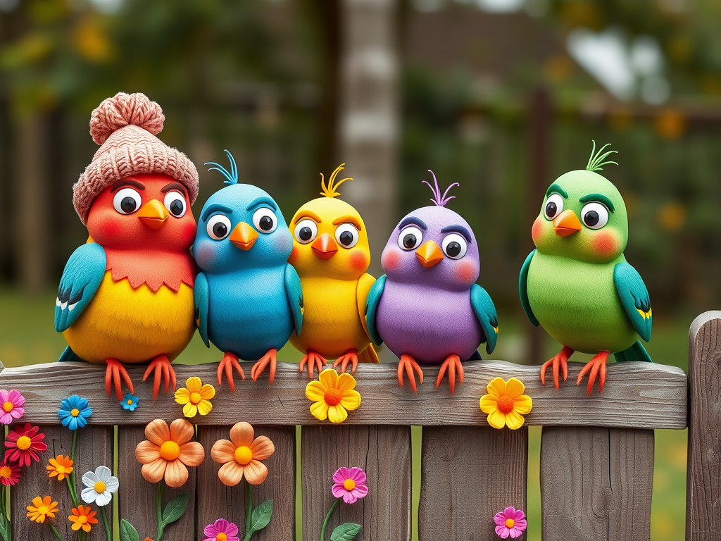 create a scene of 4 quirky  whimsical colourful comical birds each with a funny expression. they are sat on a wooden fence with colourful flowers. they are all different sizes. each one is a different colour  one is wearing a woolly hat. Each one has a different quirky google expression and there is a muted background of trees watercolour paintierly style high definition 8k resolution 3D paper mache