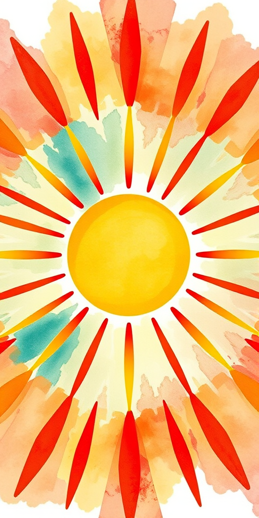 Create an illustration of a stylized sun with rays emanating from it, use a Canon EOS R5 camera with an aperture of f/8, ISO 100, and a shutter speed of 1/200s, in a vibrant color palette, with a close-up view and a watercolor style.